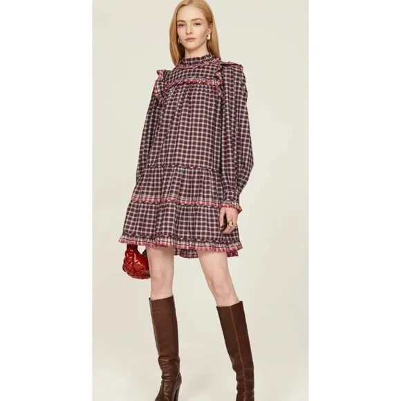 Ulla Johnson Elm Plaid Ruffle Mini Dress Size 8 Burgundy Check Long Sleeve - Picture 3 of 13